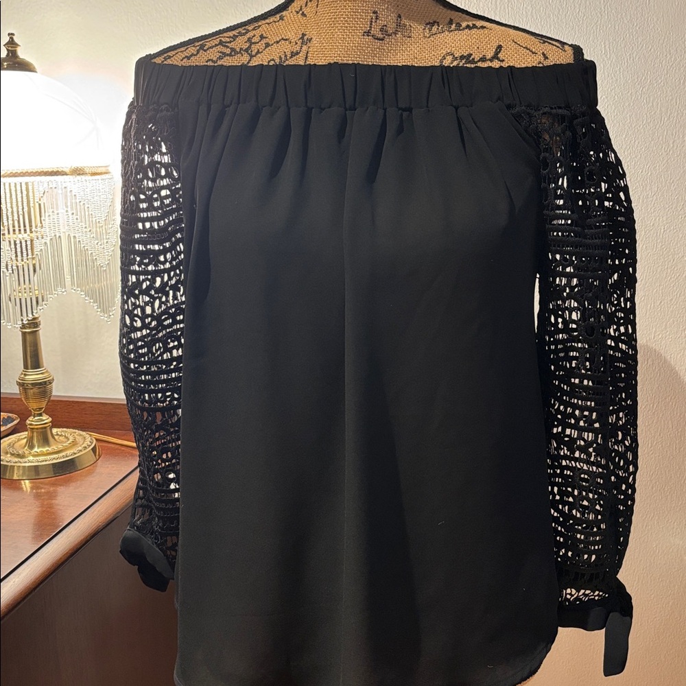 Lovely Express Black Off-Shoulder Blouse with Lace Sleeves.